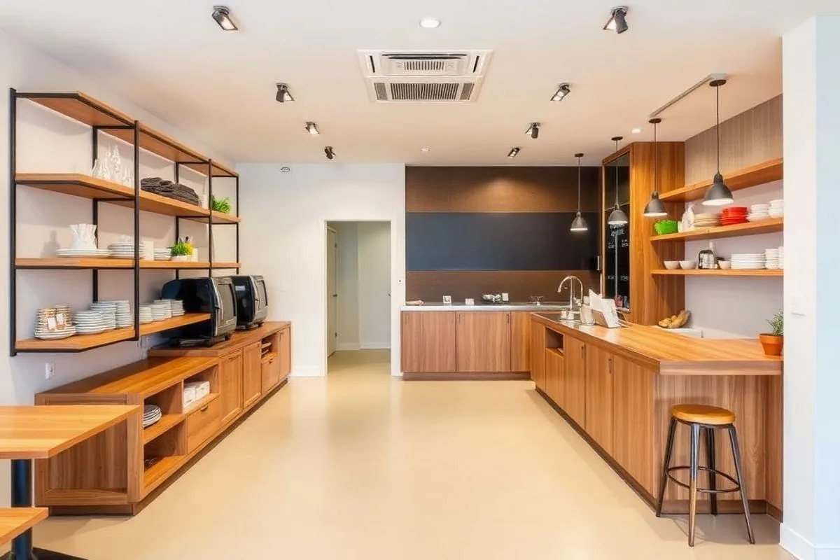 Service illustration of timber shelving and cabinetry in an interior fitout