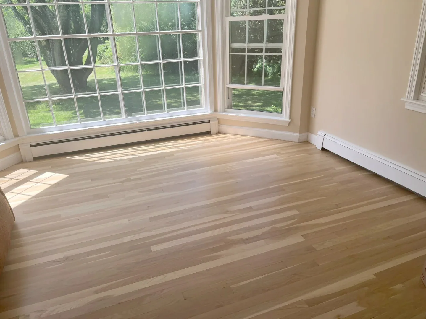 Owner-supplied photo of timber flooring beside a bay window